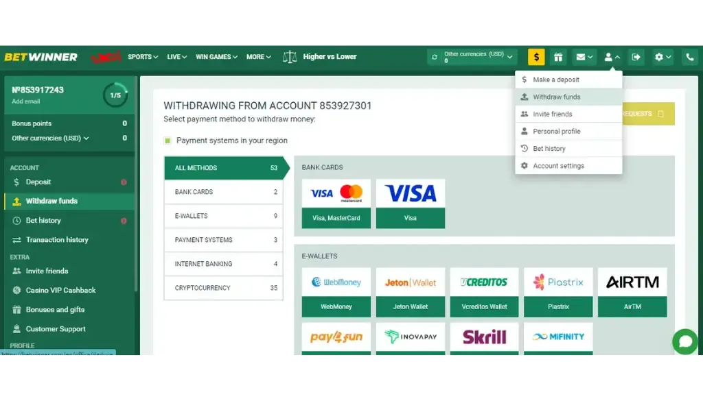 Retirar fondos de tu cuenta de Betwinner